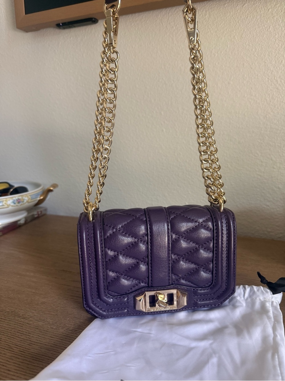 Rebecca Minkoff Quilted Purple Leather Crossbody with Gold Chain
